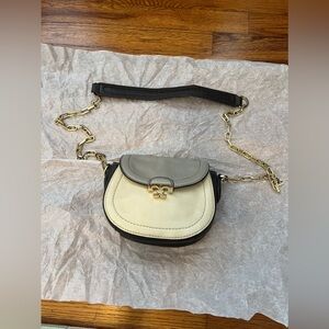 Preowned Tory Burch small cross body purse, cream/brown/gray, w/ gold chain